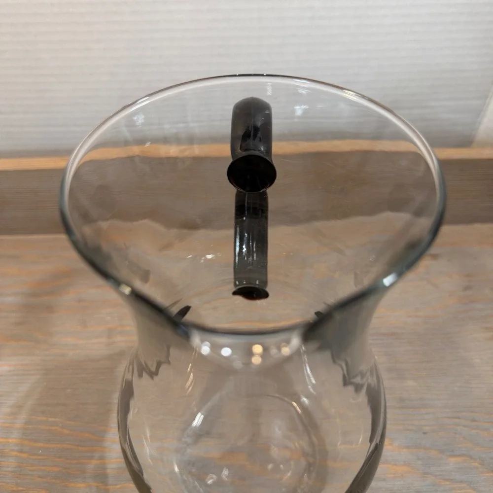 Vintage Arcoroc Hand Blown Glass Pitcher Black Handle Floral Charcoal Olive Gold